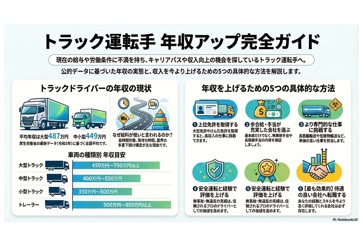 トラックドライバーの平均年収。転職サイト「GOジョブ」データより作成（画像：Merkmal編集部）