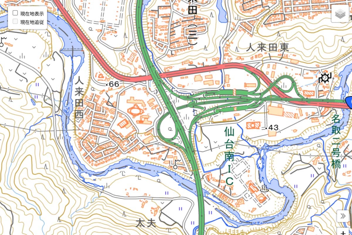 現在の「仙台南IC」周辺の地図（画像：国土地理院）