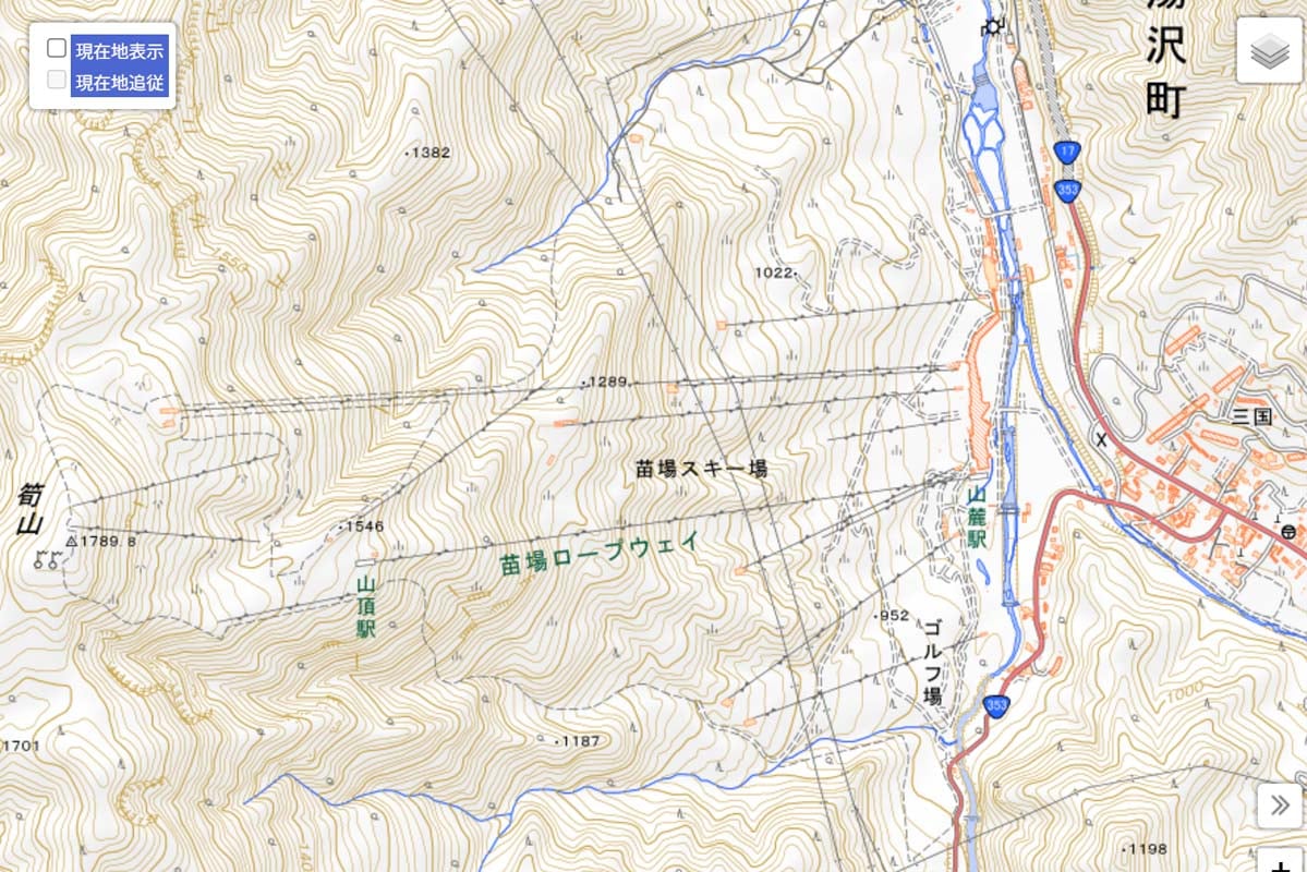 現在の「苗場スキー場」周辺の地図（画像：国土地理院）