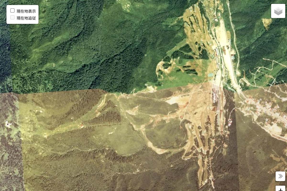 1975年頃の「苗場スキー場」周辺の航空写真（画像：国土地理院）