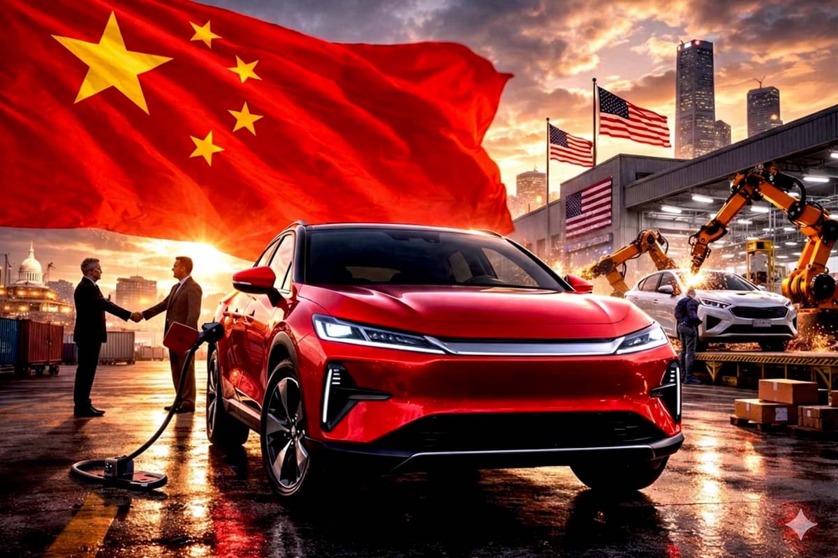 中国旗と自動車イメージ。