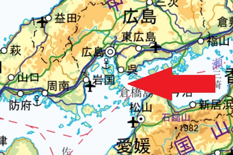 広島市と松山市の架橋イメージ箇所（画像：国土地理院）