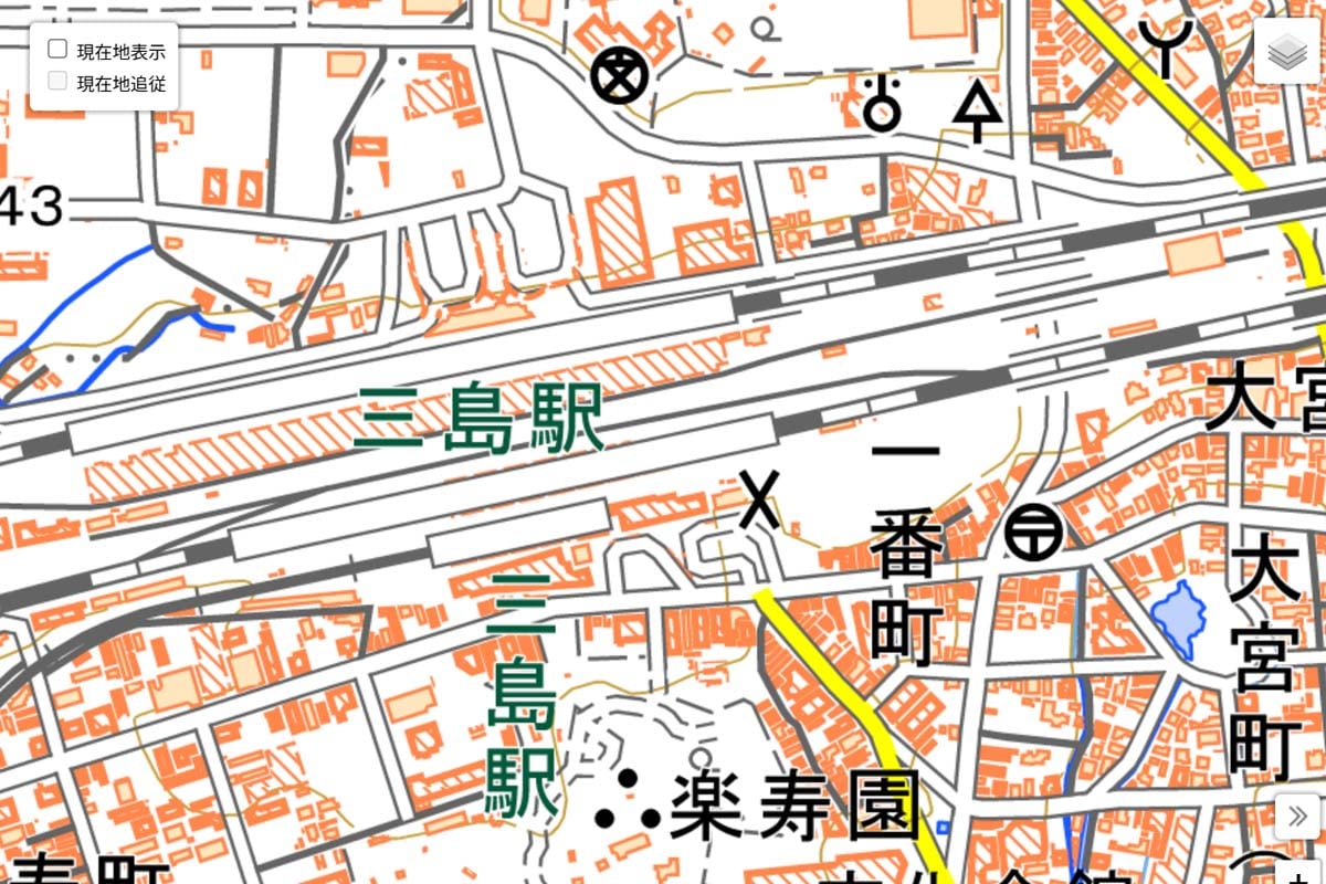 現在の「三島駅」周辺の地図（画像：OpenStreetMap）