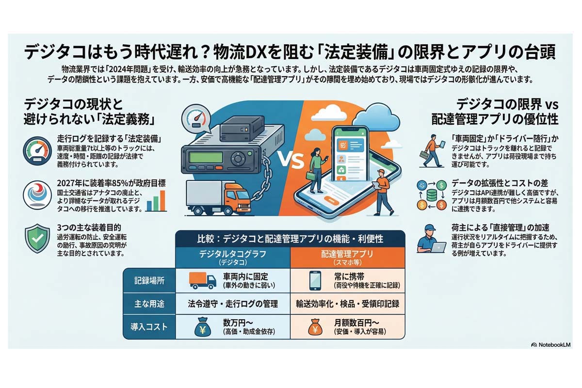 デジタコと配達管理アプリの比較。