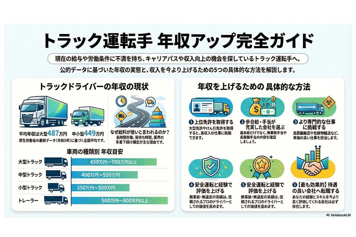 トラックドライバーの平均年収。転職サイト「GOジョブ」データより作成（画像：Merkmal編集部）