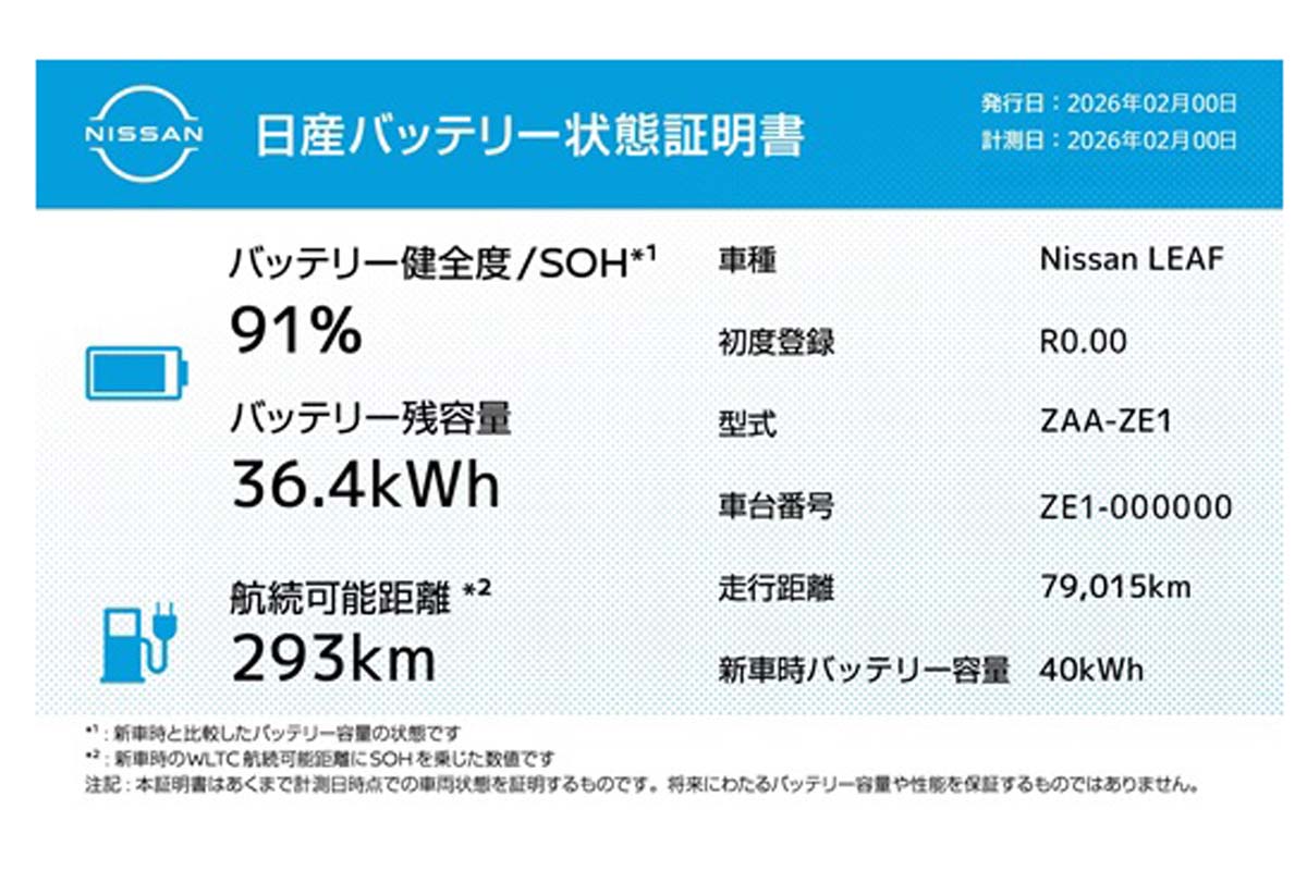 日産バッテリー状態証明書（サンプル）（画像：日産自動車）
