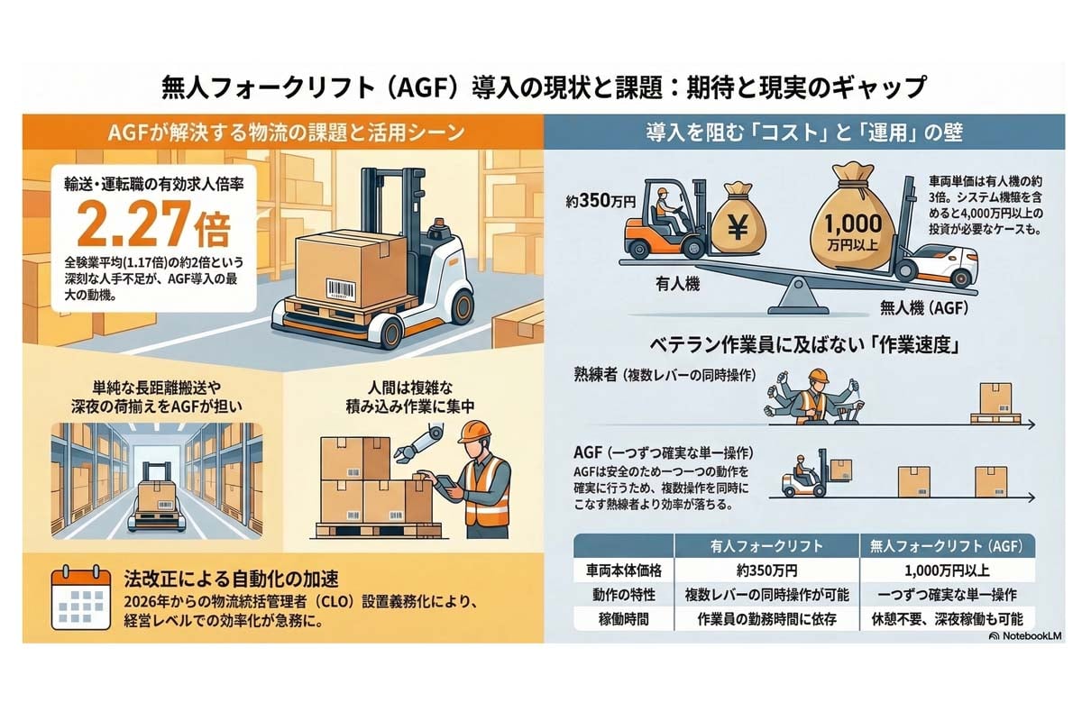 無人フォークリフト導入の現状と課題。