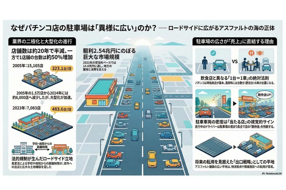 パチンコ店駐車場が広い理由。