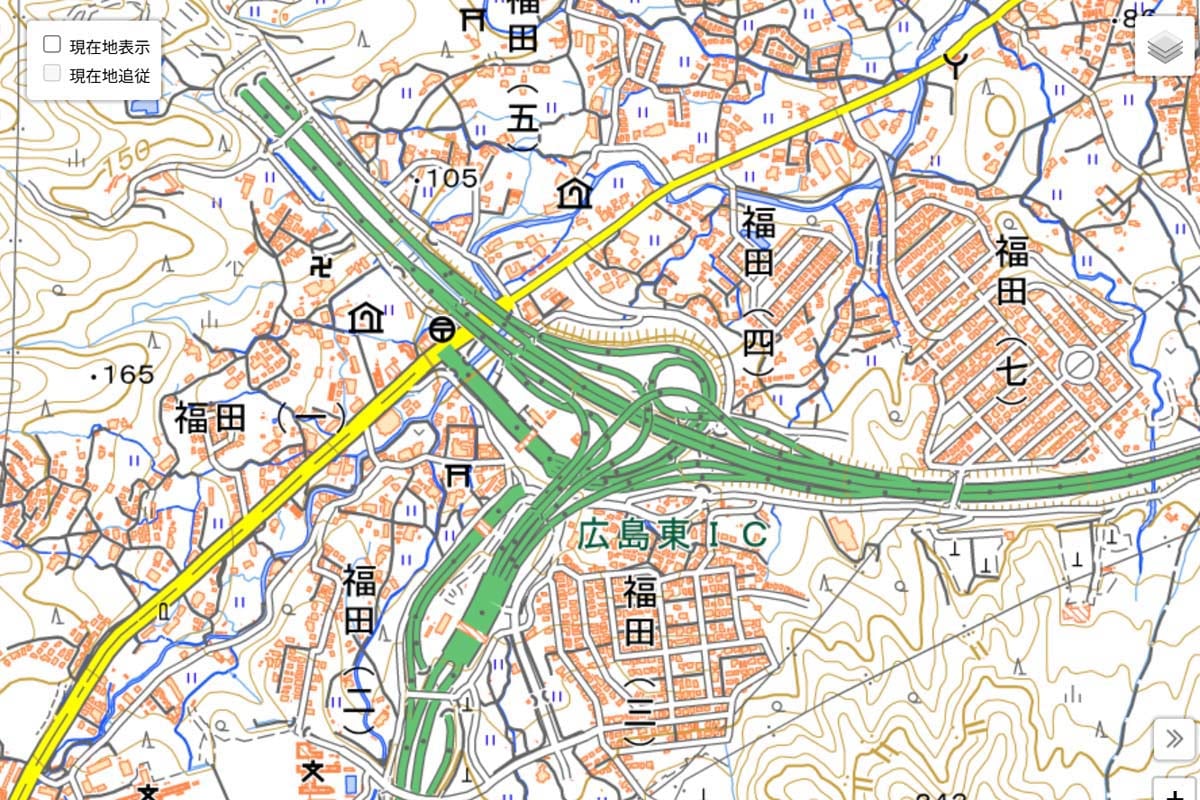 現在の「広島東IC」周辺の地図（画像：国土地理院）