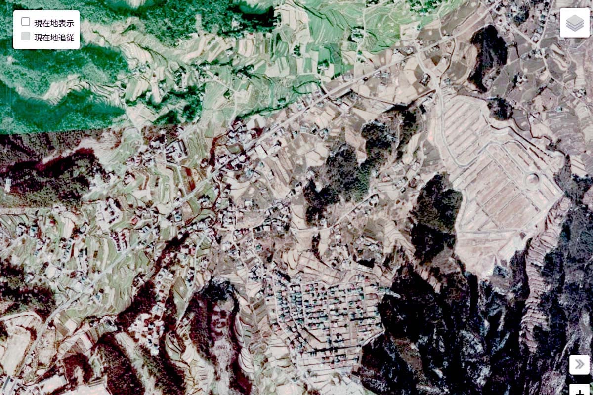 1975年頃の「広島東IC」周辺の航空写真（画像：国土地理院）