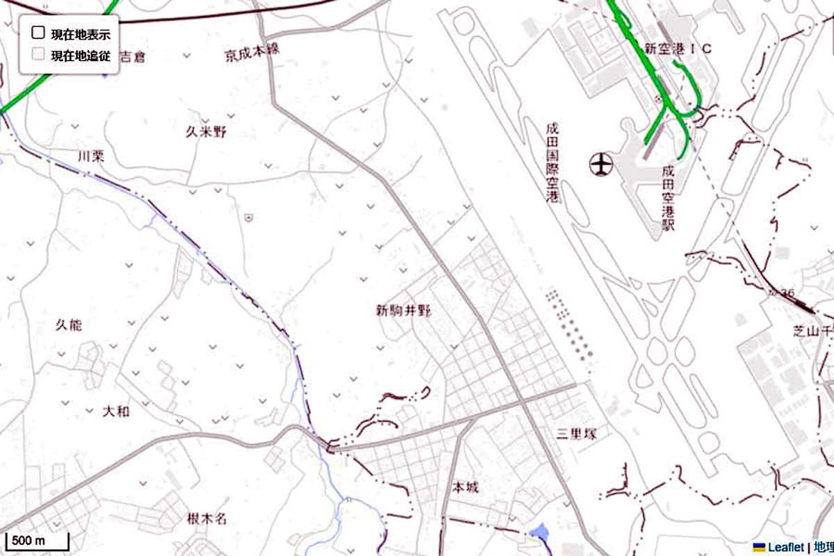 現在の「成田空港」周辺の地図（画像：国土地理院）