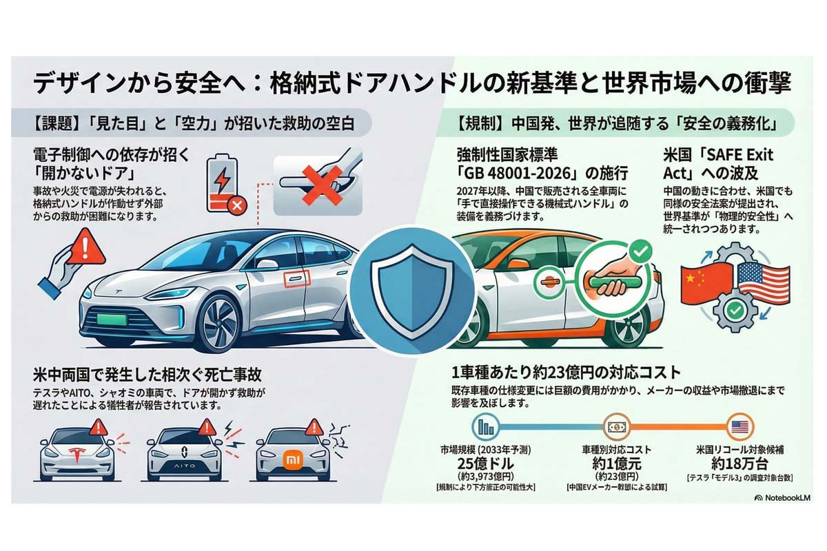 格納式ドアハンドルの安全新基準。