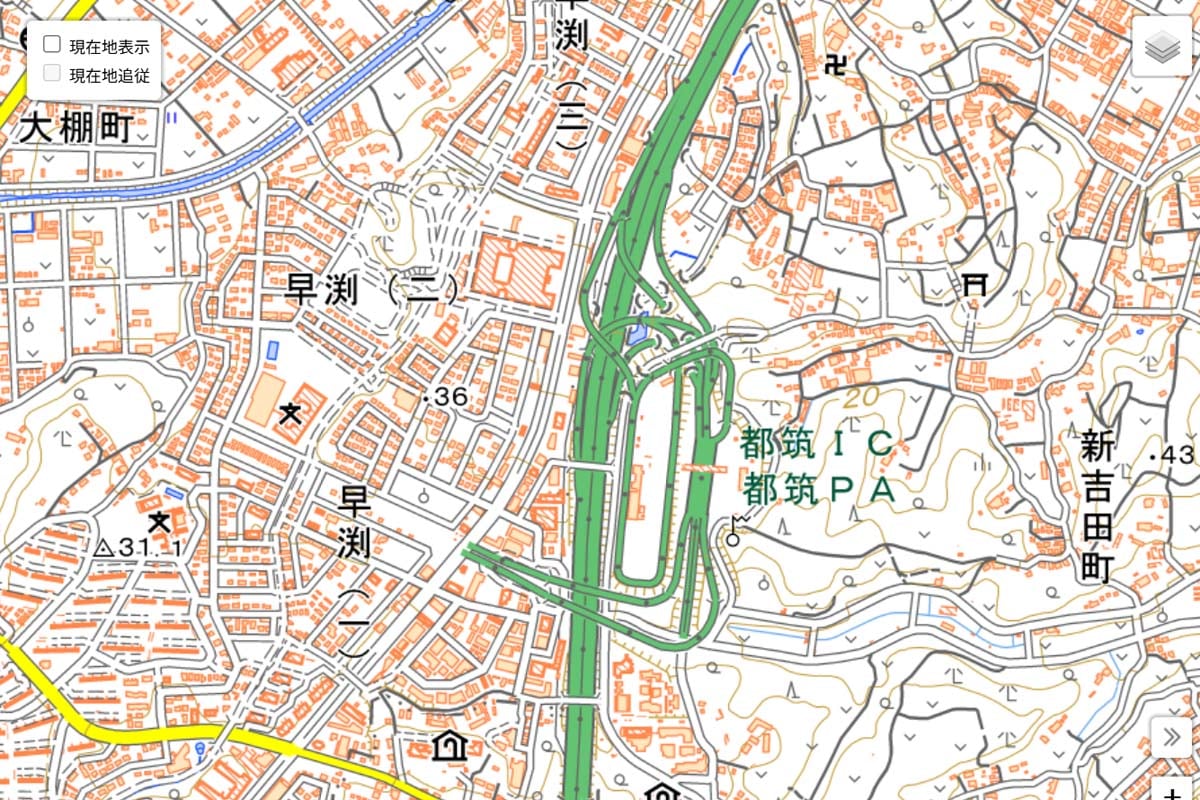 現在の「都筑PA」周辺の地図（画像：国土地理院）