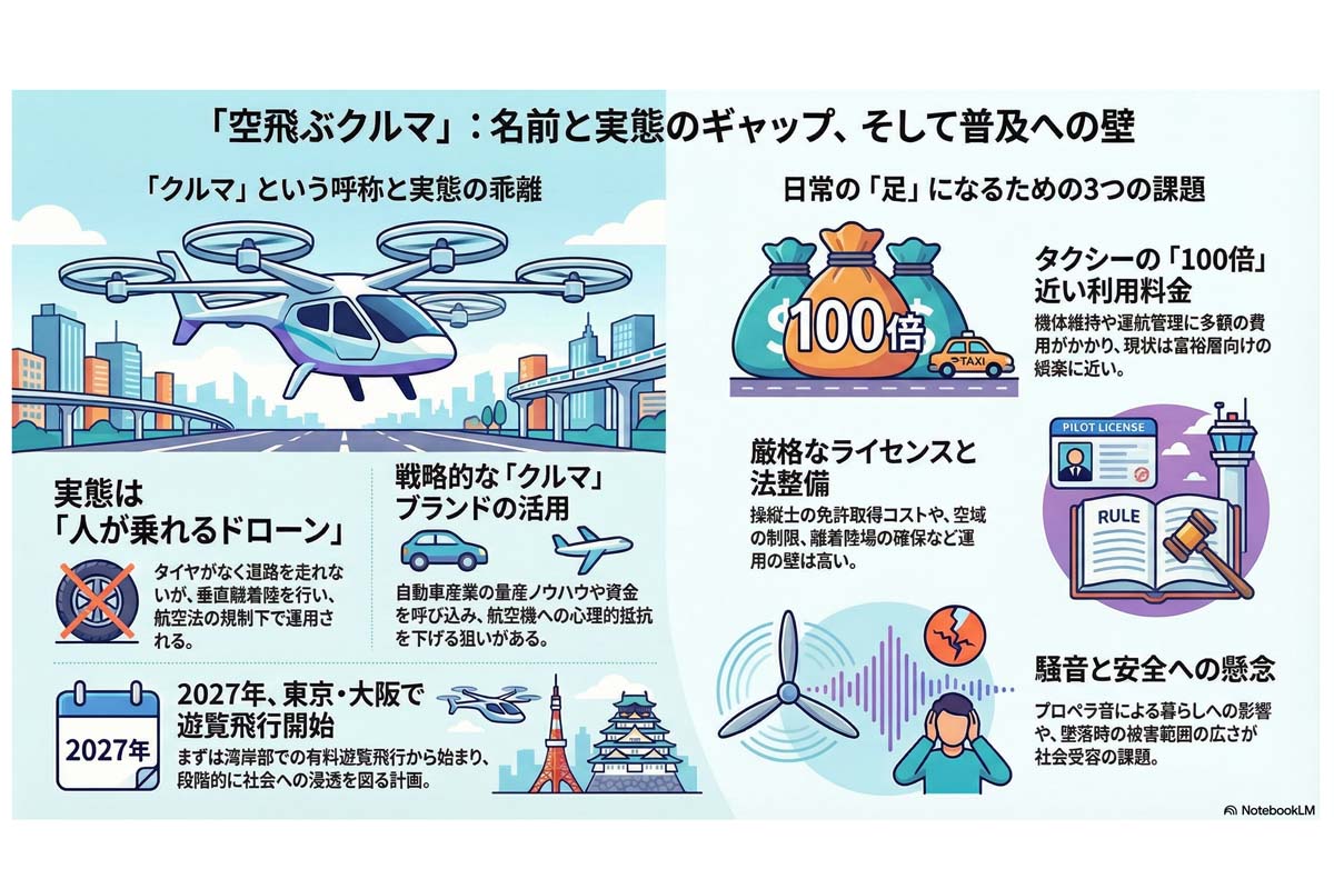 空飛ぶクルマの実態と課題。