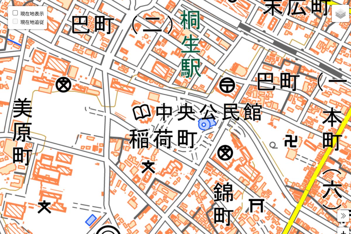 現在の「桐生駅」周辺の地図（画像：国土地理院）