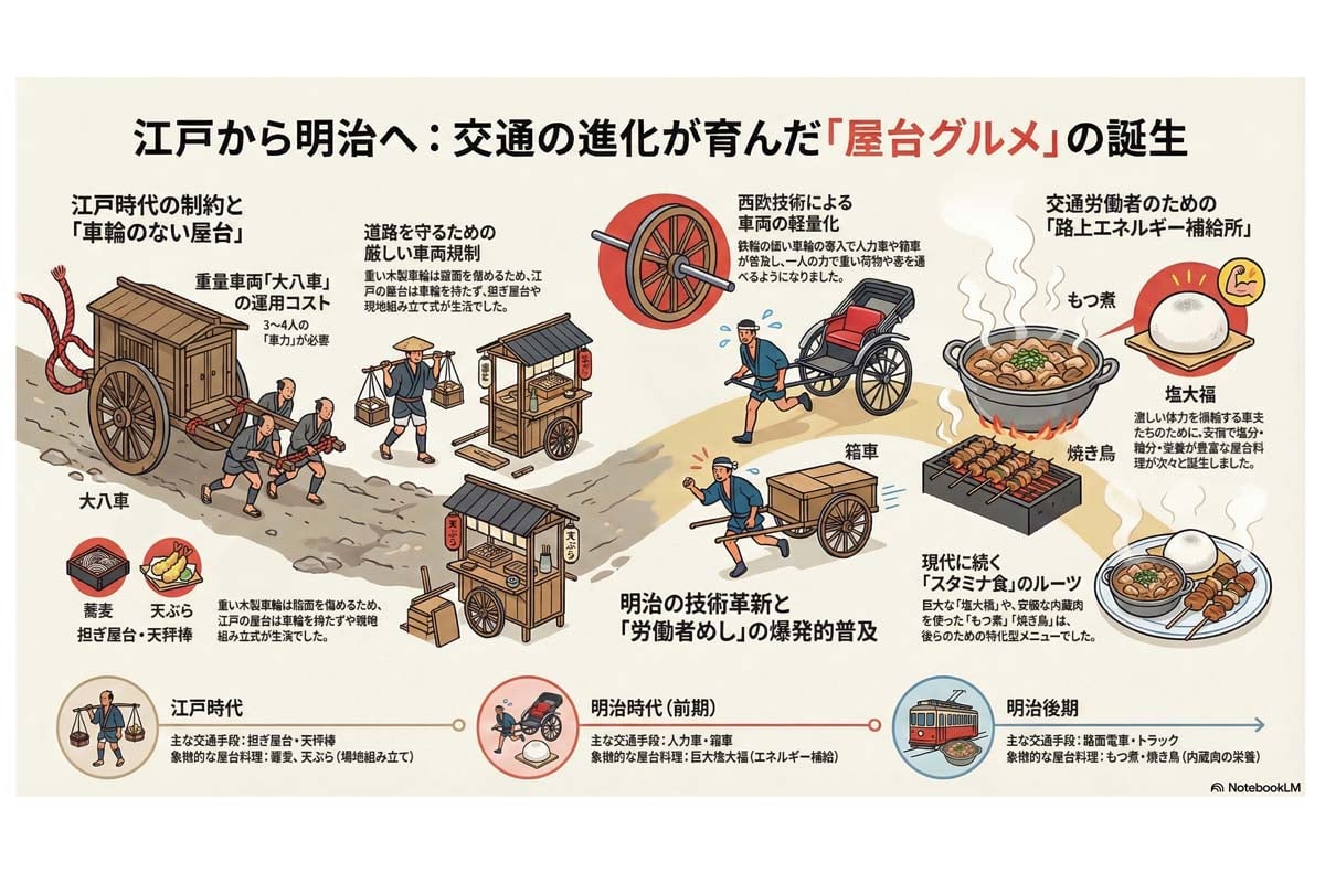 交通進化と屋台グルメの歴史。