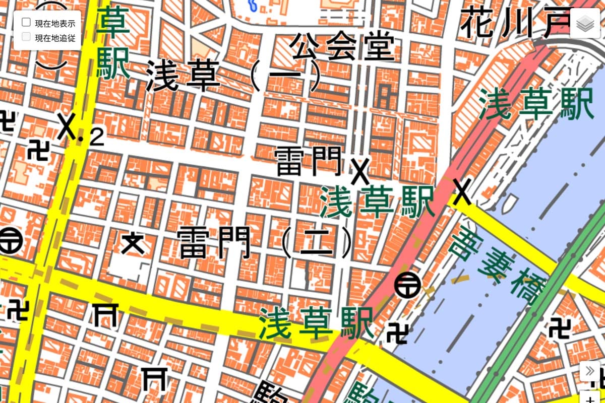 現在の「浅草駅」周辺の地図（画像：国土地理院）