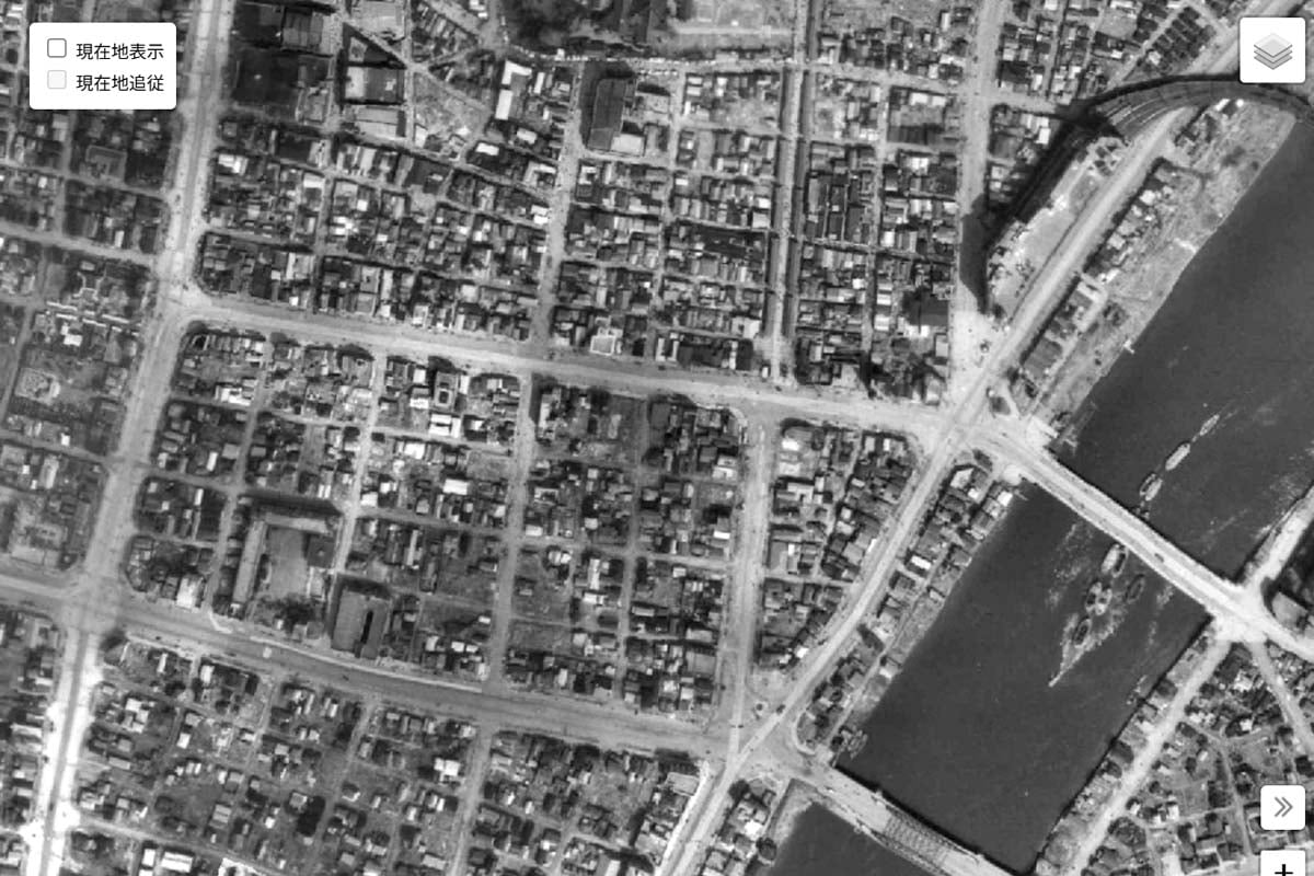 1947年頃の「浅草駅」周辺の航空写真（画像：国土地理院）