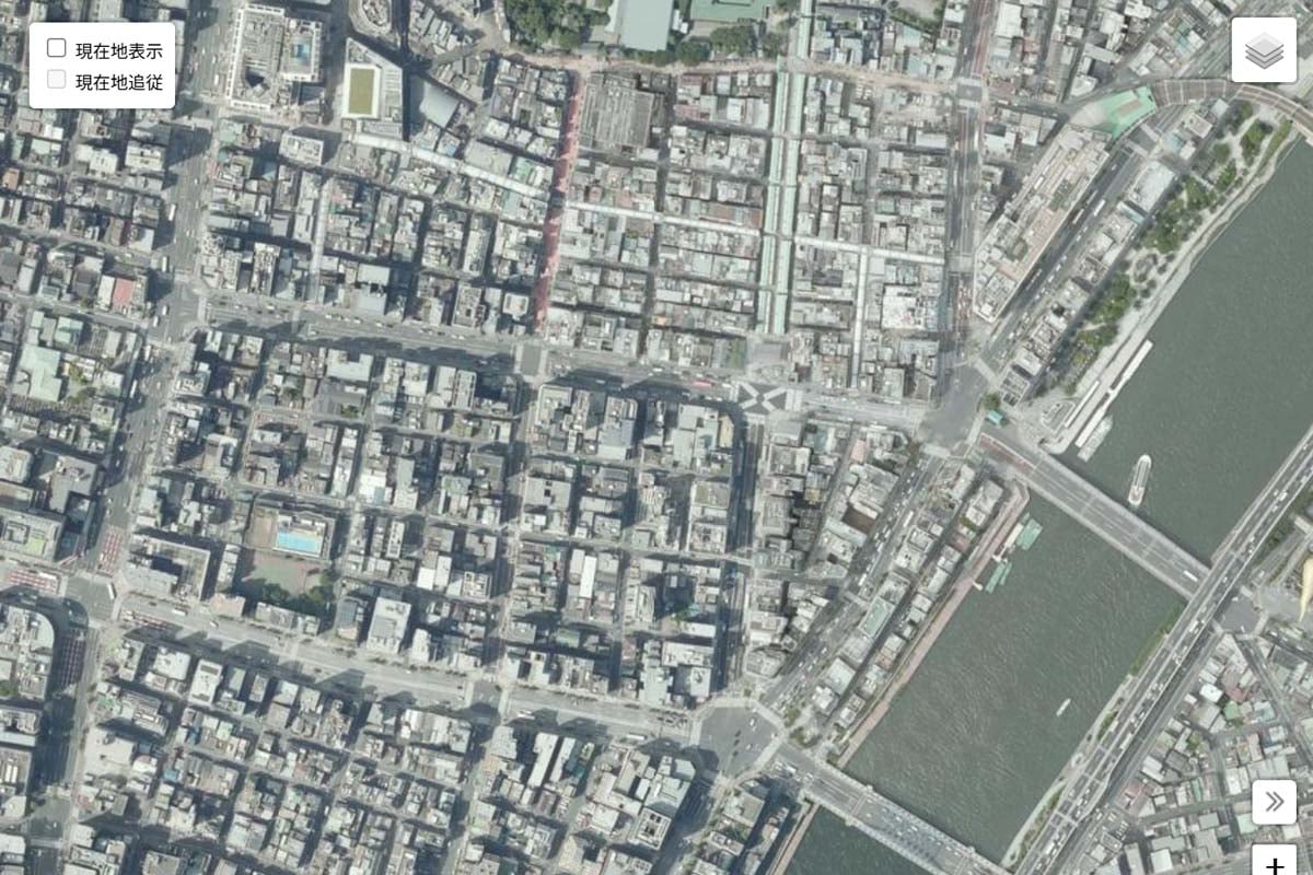 現在の「浅草駅」周辺の航空写真（画像：国土地理院）