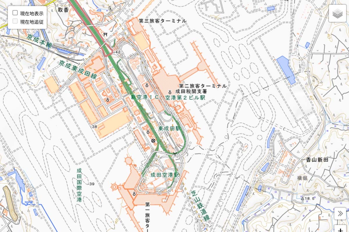 現在の「成田空港」周辺の地図（画像：国土地理院）