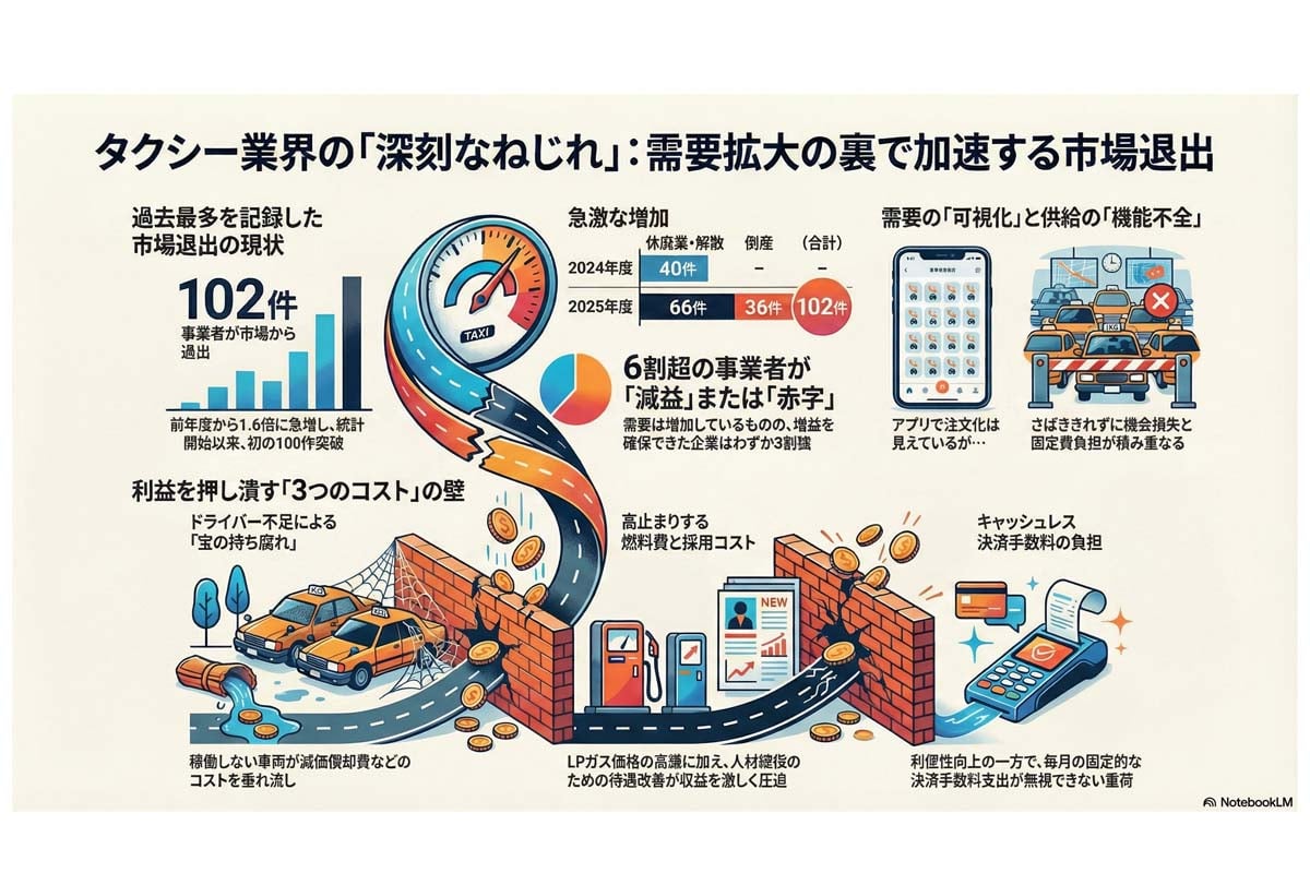 タクシー業界 深刻な市場退出 現状。