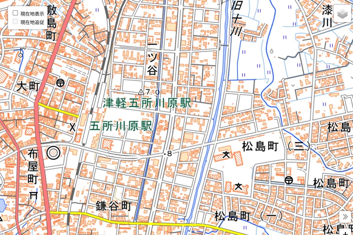 現在の「津軽五所川原駅」周辺の地図（画像：国土地理院）