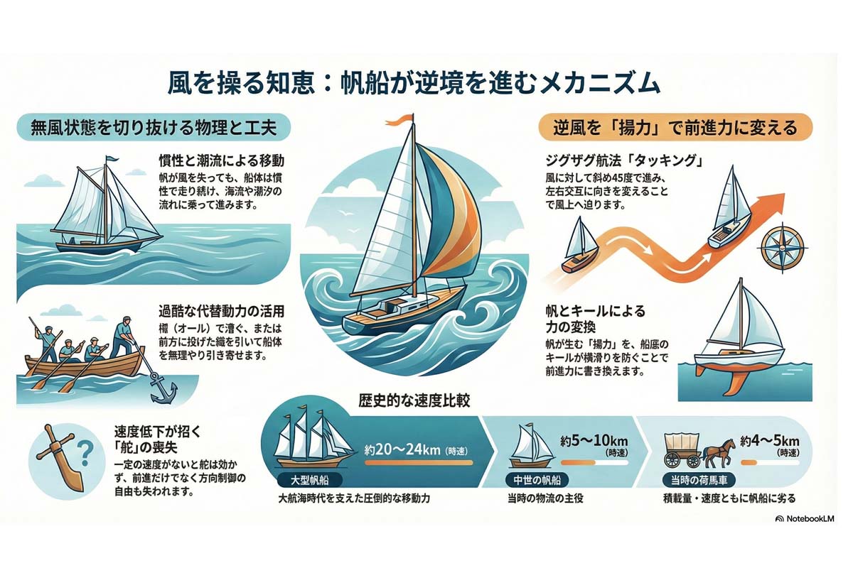 帆船が逆風を進む仕組み。