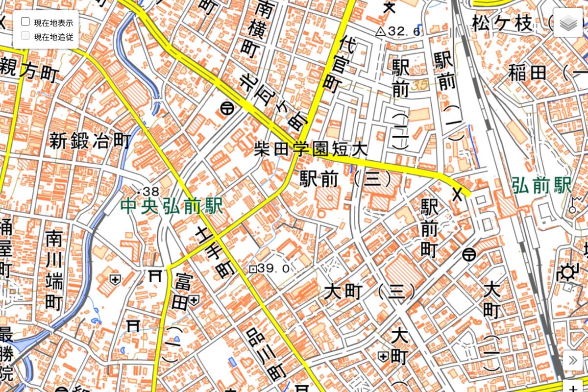 現在の「中央弘前駅」周辺の地図（画像：国土地理院）