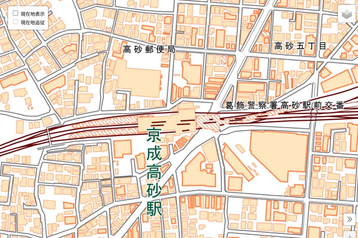 現在の「京成高砂駅」周辺の地図（画像：国土地理院）