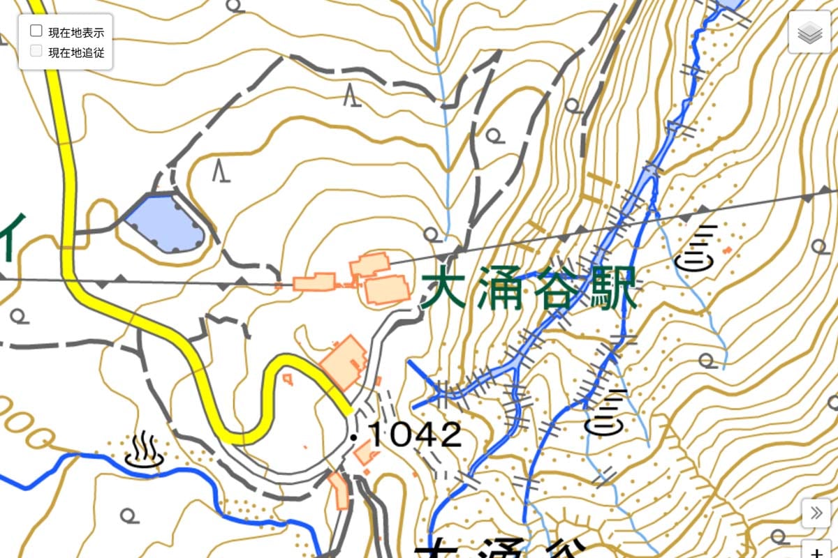 現在の「大涌谷駅」周辺の地図（画像：国土地理院）