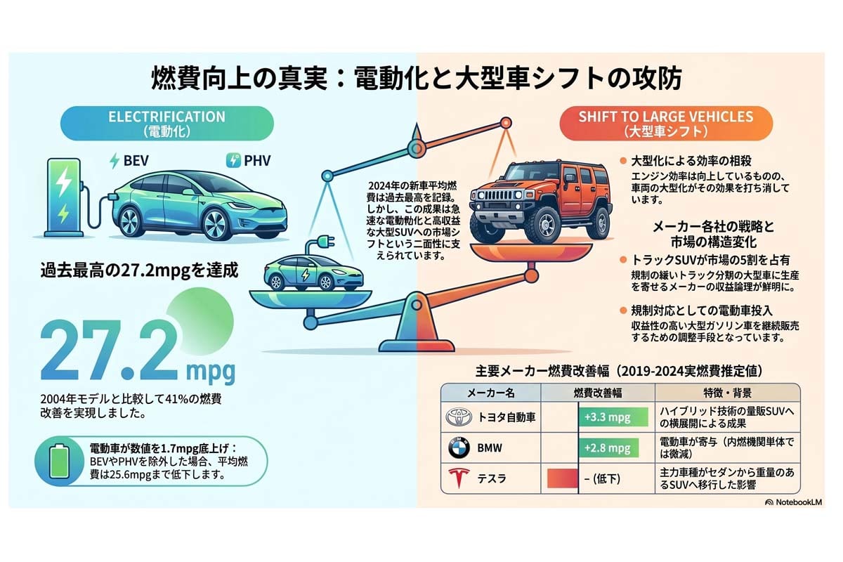 燃費向上と大型化の対比。