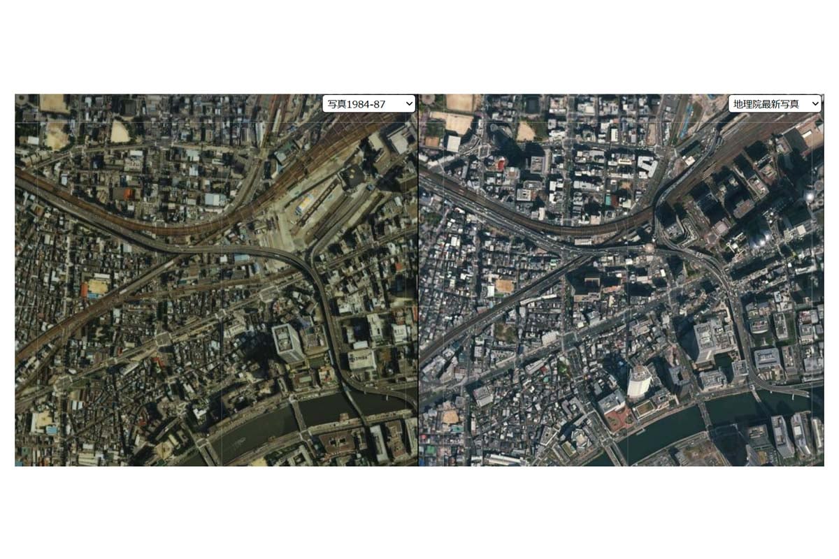 1985年頃の福島駅周辺の様子（左）と現在（画像：今昔マップ）