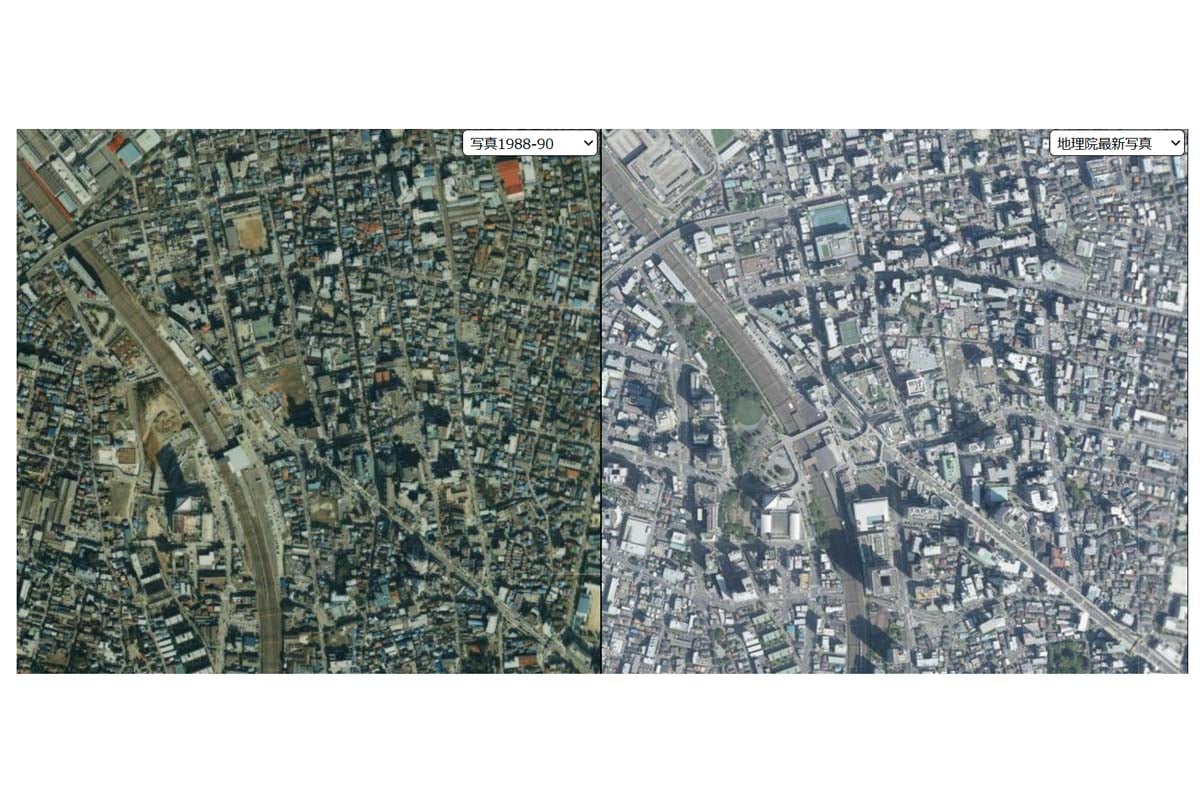 1990年頃の川口駅周辺（左）と現在（画像：今昔マップ）