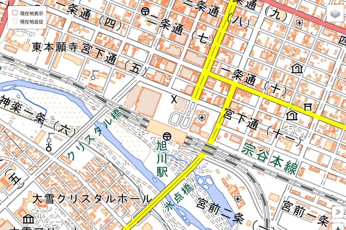 現在の「旭川駅」周辺の地図（画像：国土地理院）