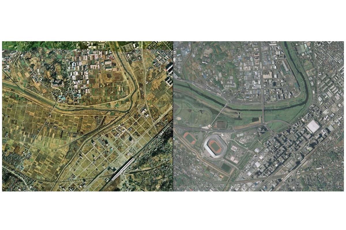 1975年頃の新横浜駅周辺の様子（左）と現在（画像：今昔マップ）