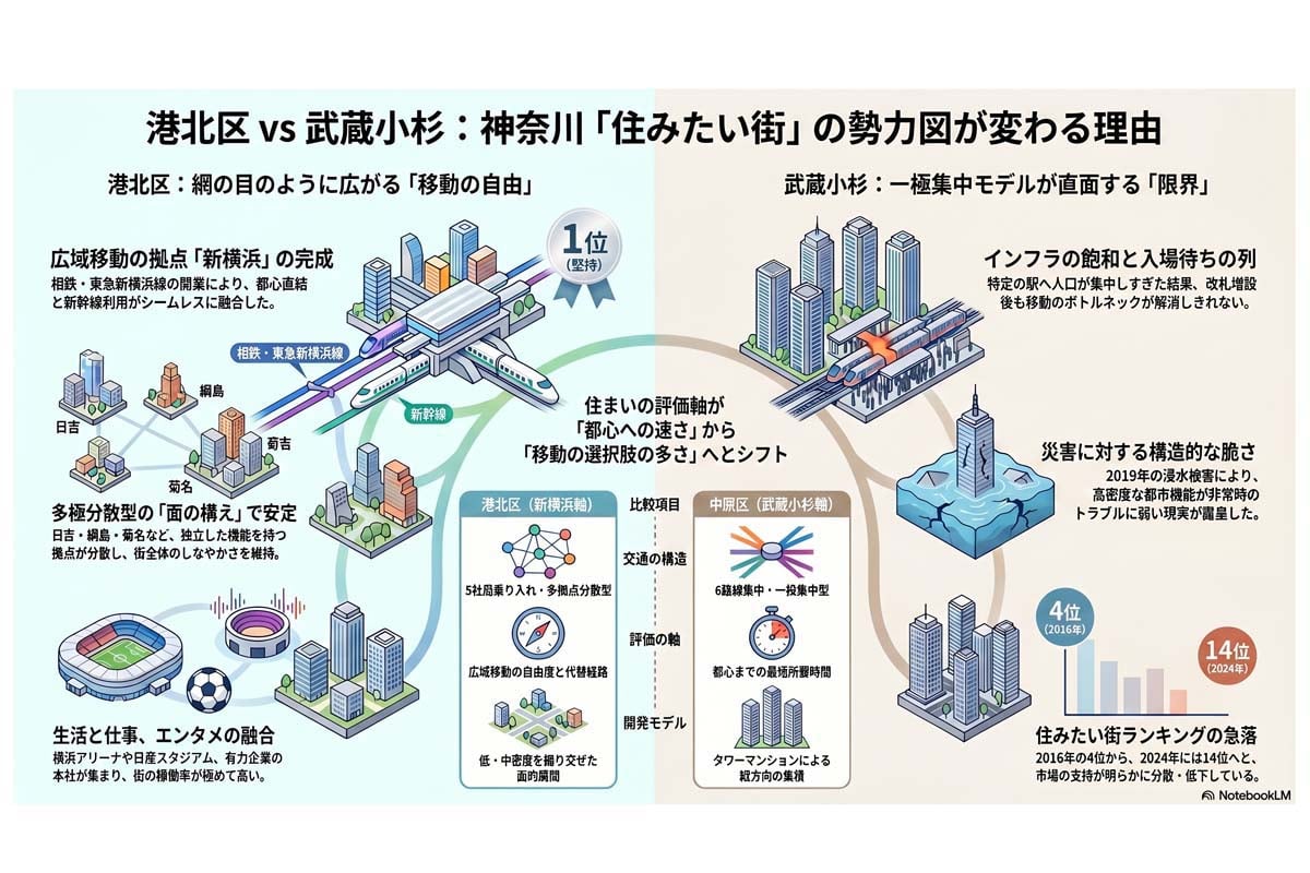 港北区と武蔵小杉の比較図。