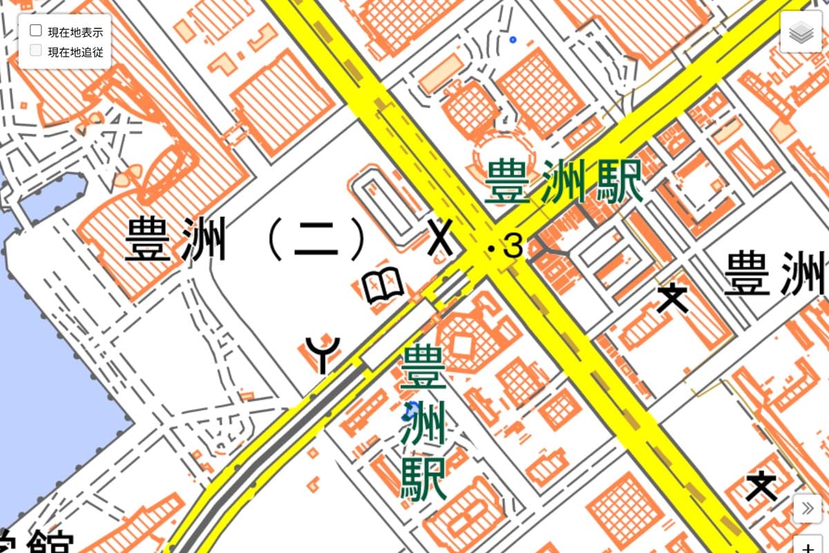 現在の「豊洲駅」周辺の地図（画像：国土地理院）