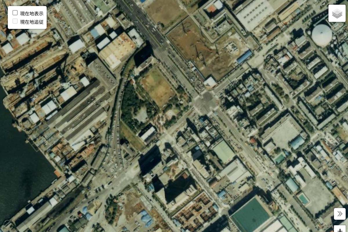 1990年頃の「豊洲駅」周辺の航空写真（画像：国土地理院）