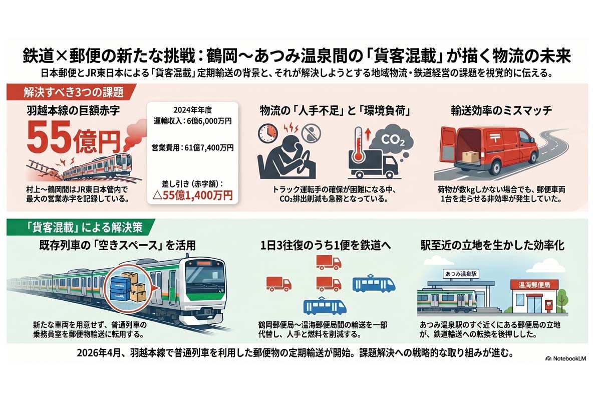 鉄道と郵便の貨客混載事業（画像：Merkmal編集部）