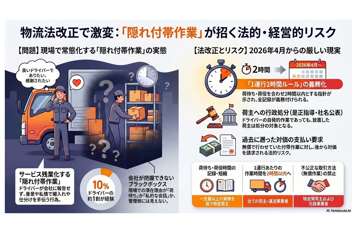 物流法改正と隠れ付帯作業のリスク（画像：Merkmal編集部）