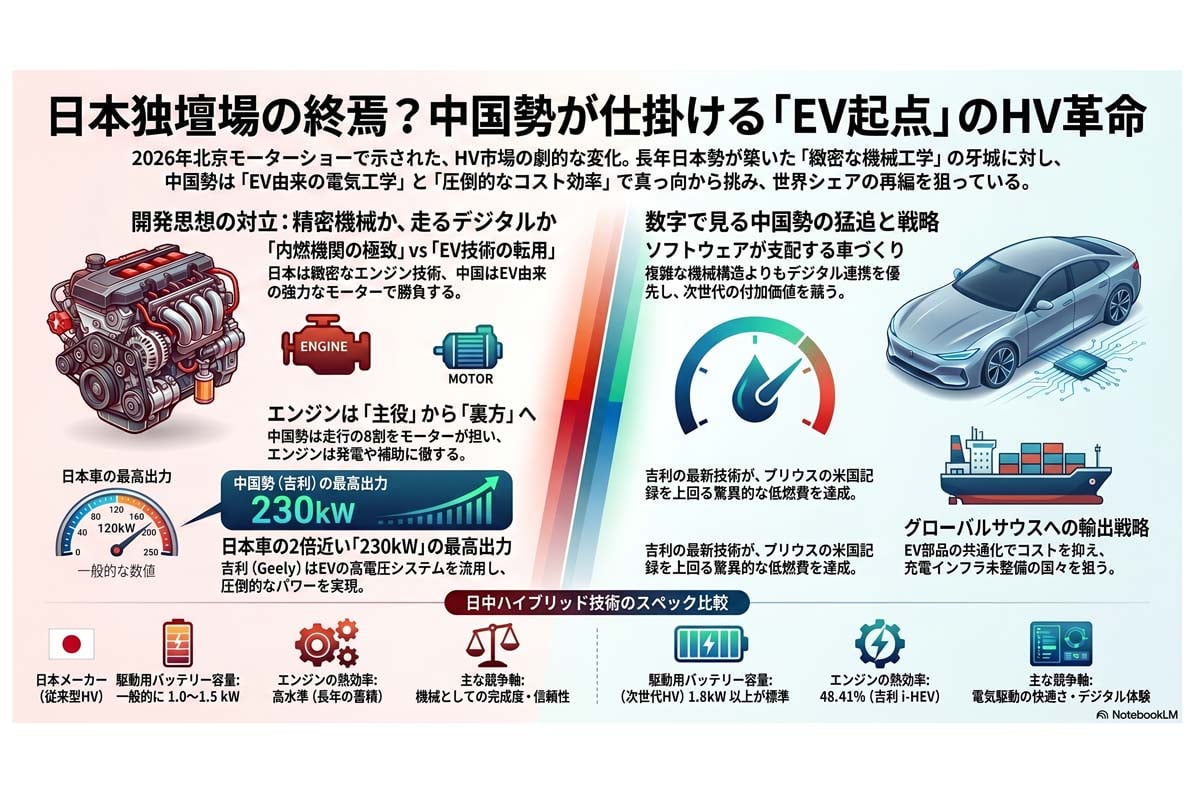 日中ハイブリッド技術の比較（画像：Merkmal編集部）