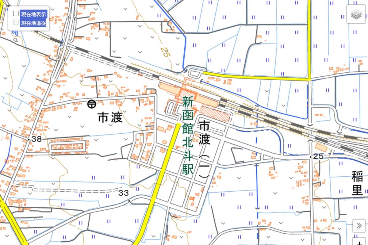 現在の「新函館北斗駅」周辺の地図（画像：国土地理院）