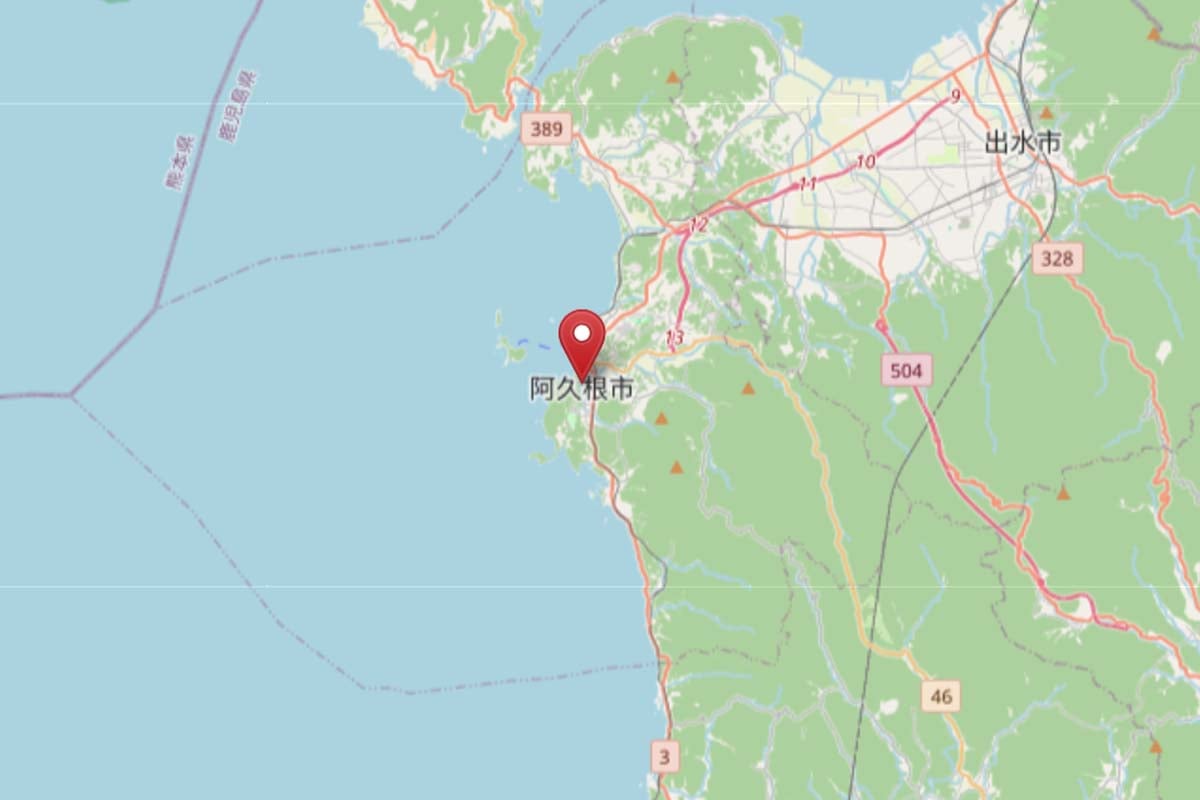 鹿児島県阿久根市の位置（画像：OpenStreetMap）