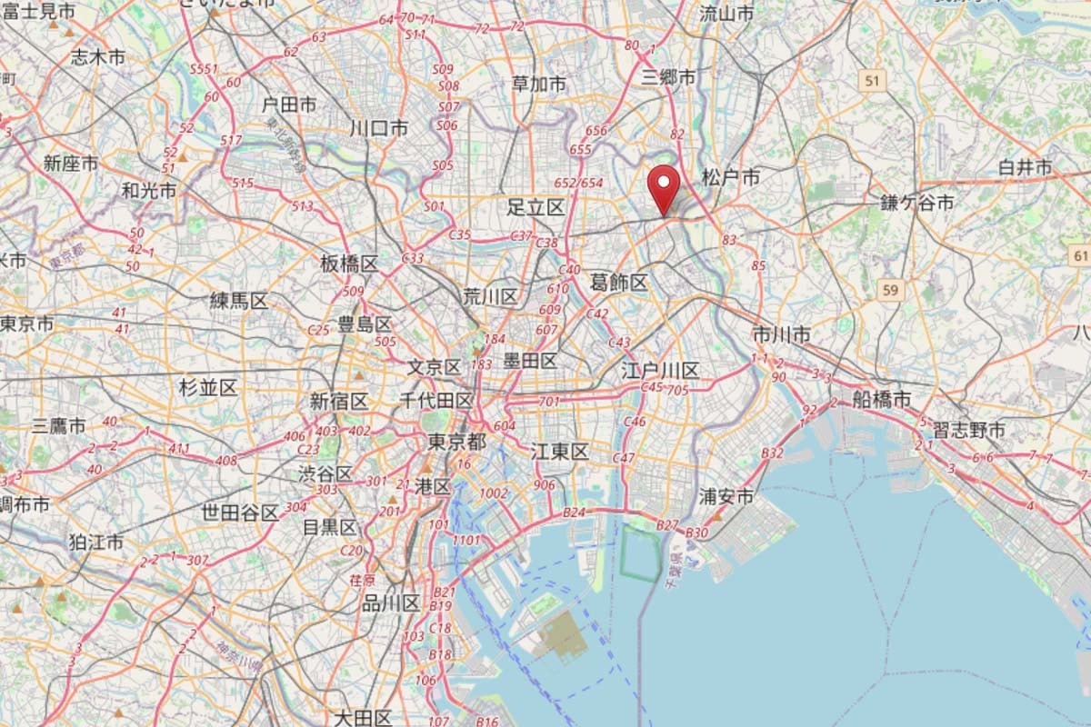 金町駅の位置（画像：OpenStreetMap）