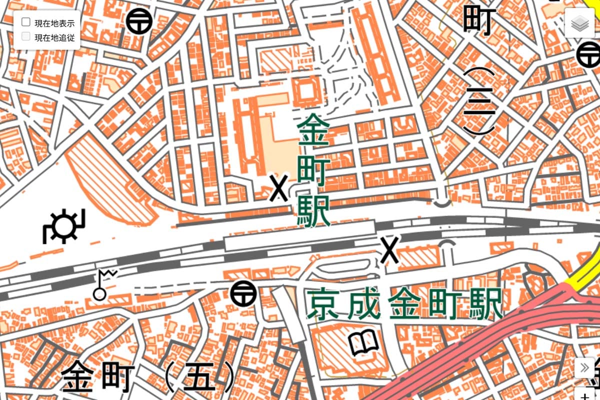 現在の「金町駅」周辺の地図（画像：国土地理院）