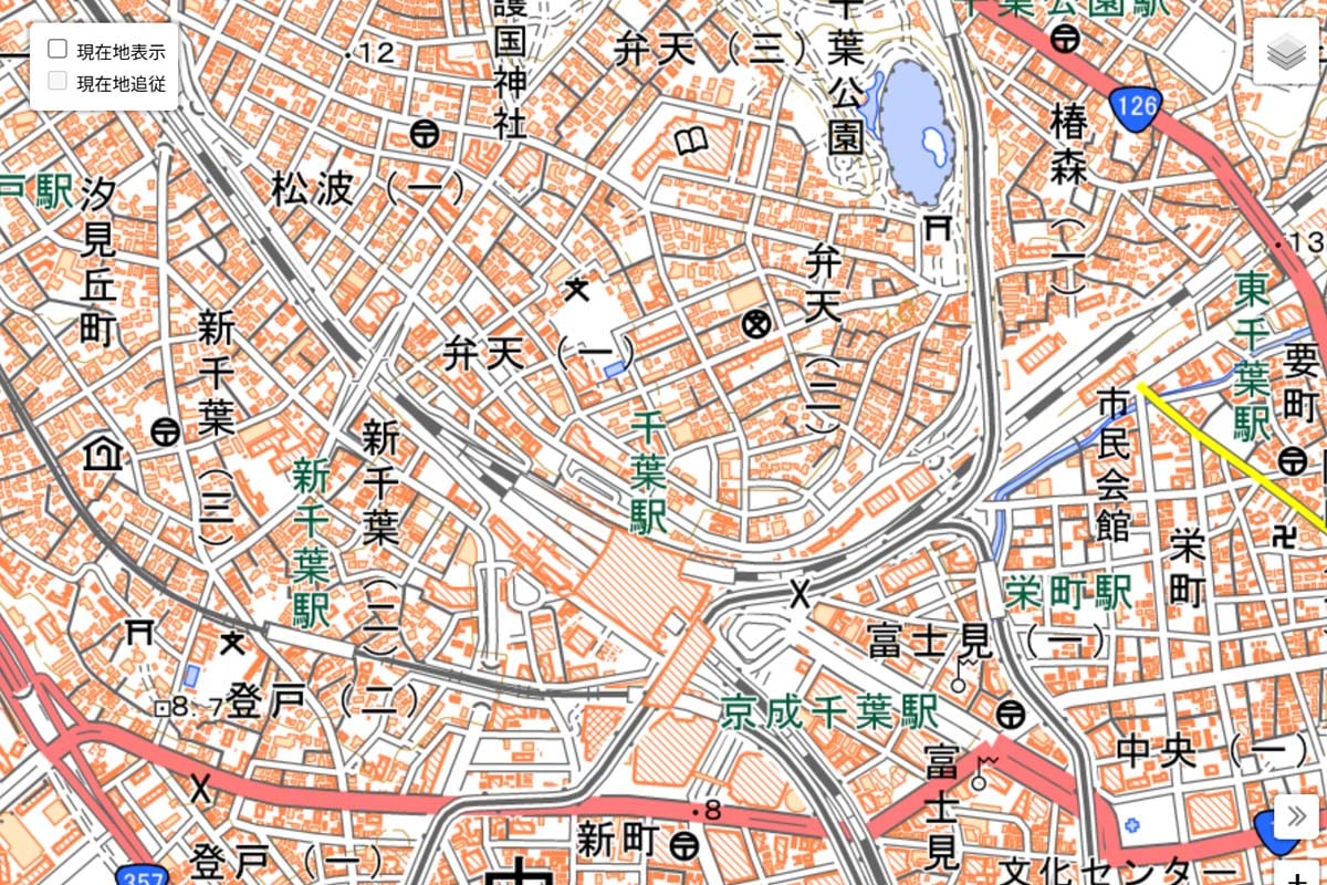 現在の「千葉駅」周辺の地図（画像：国土地理院）