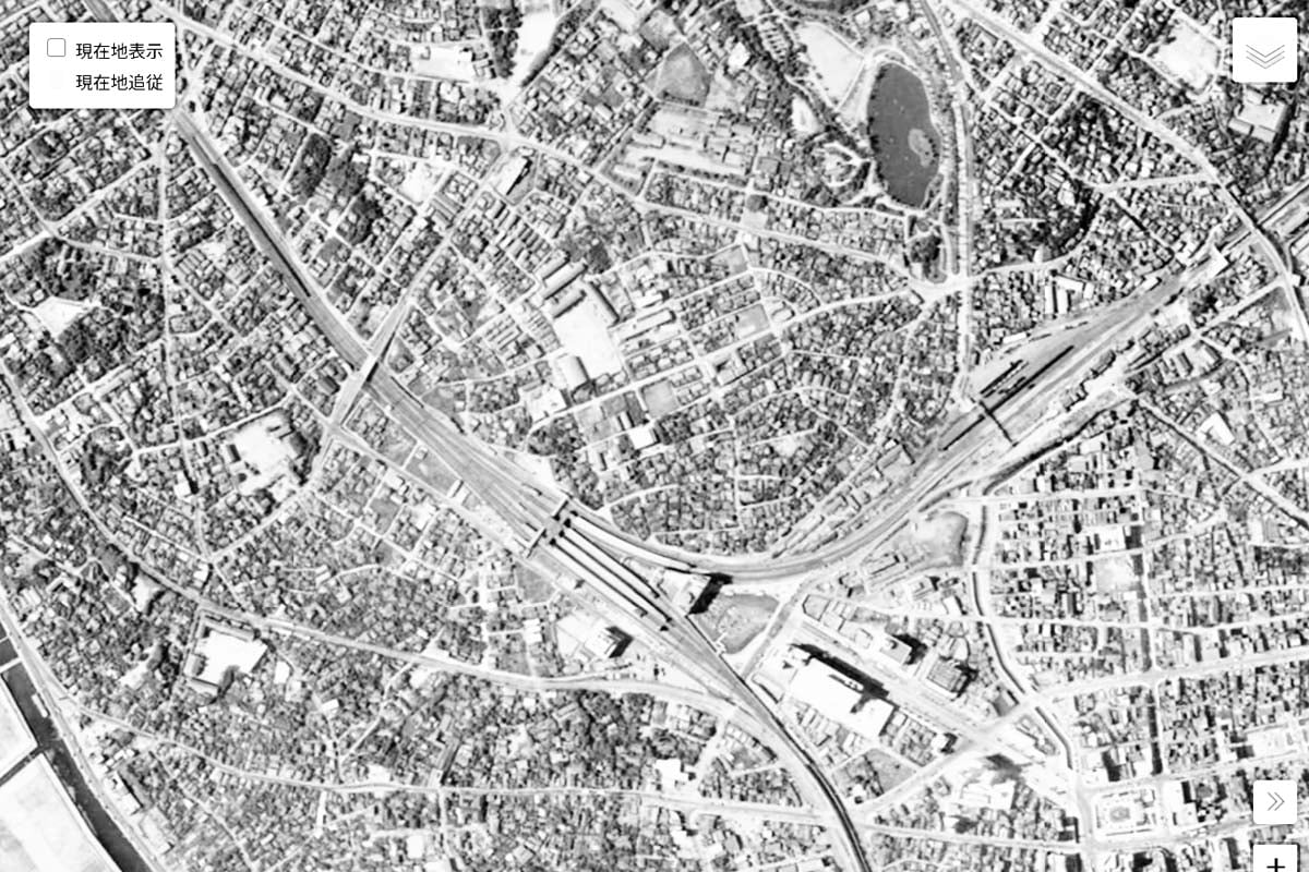 1963年頃の「千葉駅」周辺の航空写真（画像：国土地理院）