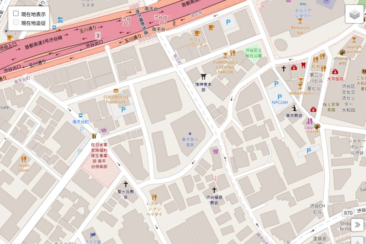 現在の「東急本社」周辺の地図（画像：OpenStreetMap）