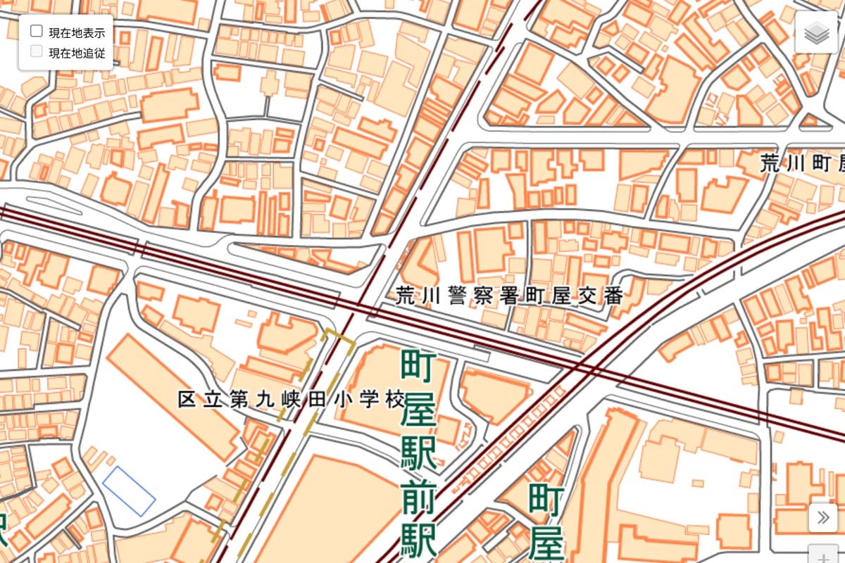 現在の「町屋駅」周辺の地図（画像：国土地理院）