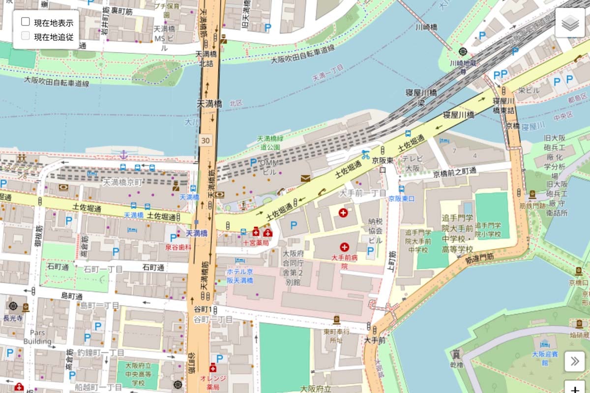 現在の「京阪HD本社」周辺の地図（画像：OpenStreetMap）